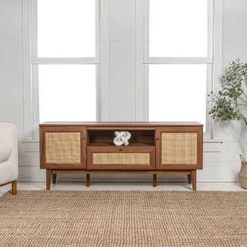 Finley 59 in. Farmhouse Caned TV Stand with Drawer and Storage Doors Fits TVs up to 65 in. with Cable Management - JONATHAN Y